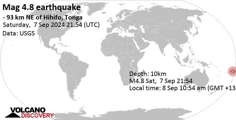 Moderate mag. 4.8 earthquake – South Pacific Ocean, 228 km southwest of Apia, Tuamasaga, Samoa, on Sunday, Sep 8, 2024, at 10:54 am (GMT +13)