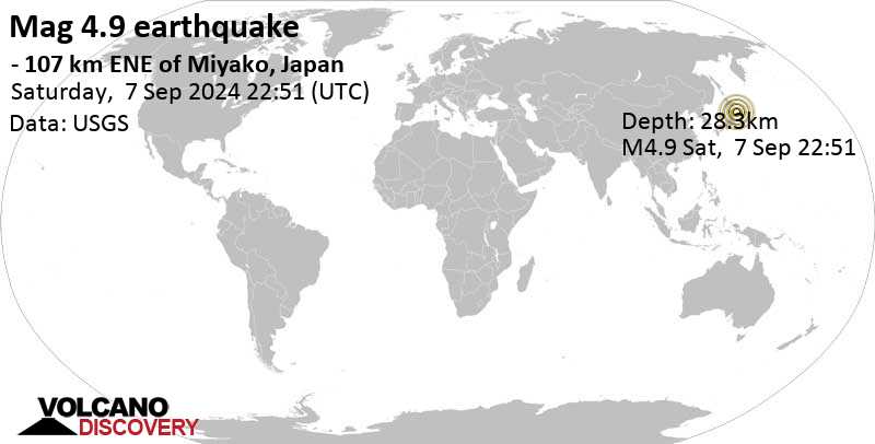 Moderate mag. 4.9 earthquake – – 107 km ENE of Miyako, Japan, on Saturday, Sep 7, 2024, at 10:51 pm (Universal Time time)