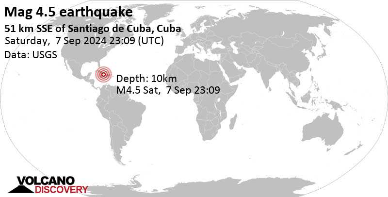 Moderate mag. 4.5 earthquake – 52 km south of Santiago de Cuba, Santiago de Cuba, Cuba, on Saturday, Sep 7, 2024, at 11:09 pm (Universal Time time)