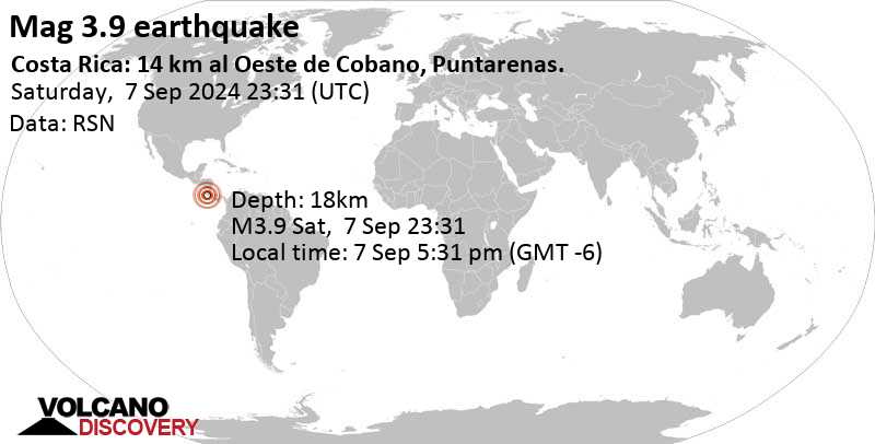 Light mag. 3.9 earthquake – Off Coast Of Costa Rica on Saturday, Sep 7, 2024, at 11:31 pm (Universal Time time)