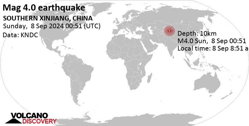 Moderate mag. 4.0 earthquake – 62 km east of New Aksu, Xinjiang, China, on Sunday, Sep 8, 2024, at 06:51 am (Urumqi time)