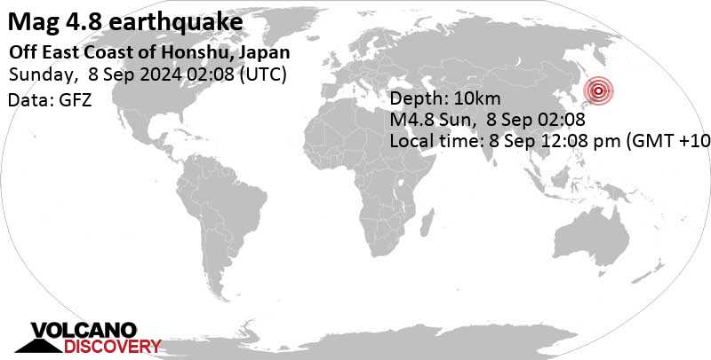 Moderate mag. 4.8 earthquake – 107 km east of Miyako, Iwate, Japan, on Sunday, Sep 8, 2024, at 12:08 pm (GMT +10)