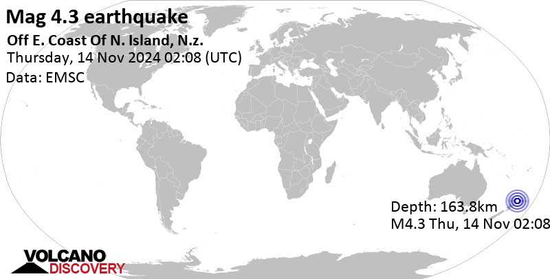 Moderate mag. 4.3 earthquake – South Pacific Ocean, 299 km northeast of Tauranga, Bay of Plenty, New Zealand, on Thursday, Nov 14, 2024, at 02:08 pm (GMT +12)