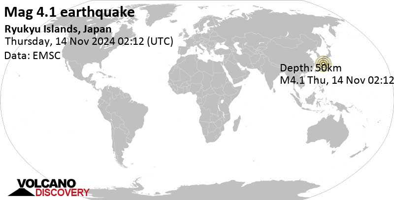 Moderate mag. 4.1 earthquake – 125 km northeast of Naze, Kagoshima, Japan, on Thursday, Nov 14, 2024, at 11:12 am (GMT +9)