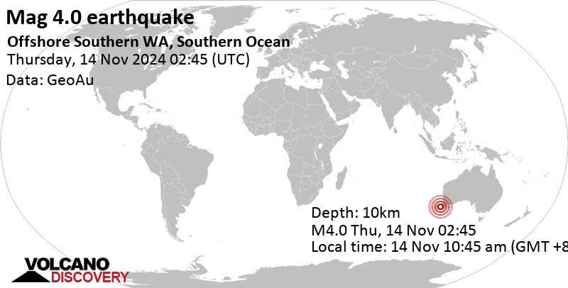 Moderate mag. 4.0 earthquake – 225 km south of Bunbury, Bunbury, Western Australia, Australia, on Thursday, Nov 14, 2024, at 10:45 am (GMT +8)