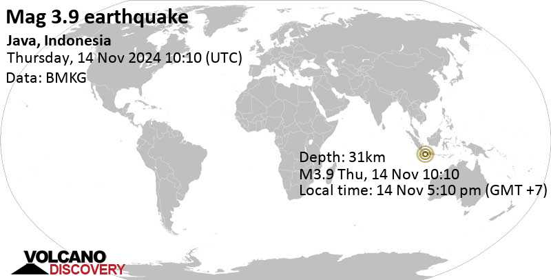 Light mag. 3.9 earthquake – Indian Ocean, 86 km southwest of Tasikmalaya, West Java, Indonesia, on Thursday, Nov 14, 2024, at 05:10 pm (GMT +7)