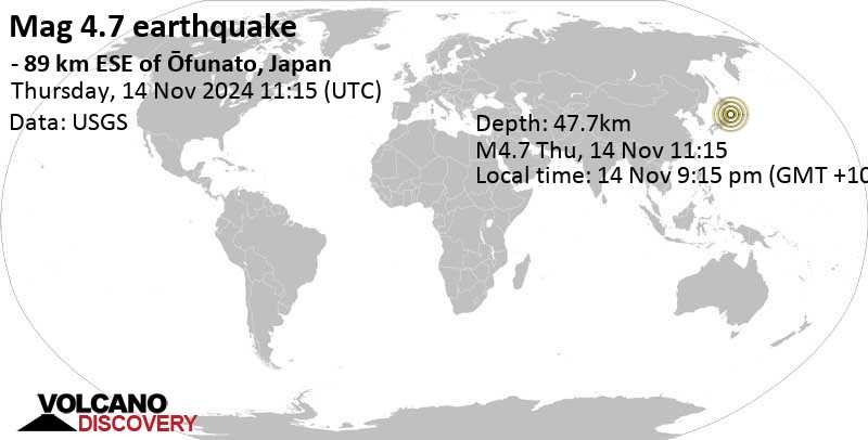 Moderate mag. 4.3 earthquake – Near East Coast Of Honshu, Japan, on Thursday, Nov 14, 2024, at 08:15 pm (GMT +9)