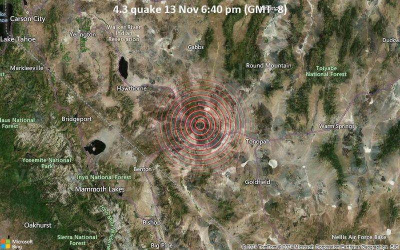 Moderate 4.3 quake hits near Tonopah, Nye County, Nevada, USA