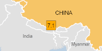 Orange earthquake alert (Magnitude 7.1M, Depth:10km) in China 07/01/2025 01:05 UTC, 10 thousand (in MMI>=VII).