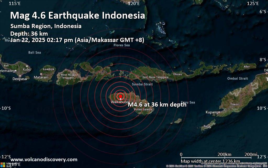 Moderate magnitude 4.6 earthquake 23 km southeast of Tambolaka, Indonesia