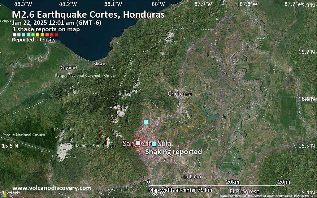 Seismic-like event, possible earthquake, reported few minutes ago near San Pedro Sula, Cortés, Honduras