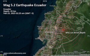 Significant earthquake of magnitude 5.2 just reported 27 km southeast of Tena, Ecuador