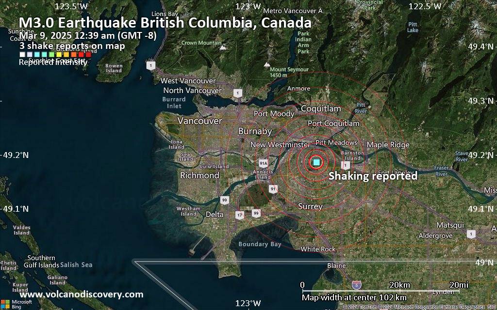 Seismic-like event, possible earthquake, reported few minutes ago near Vancouver, British Columbia, Canada