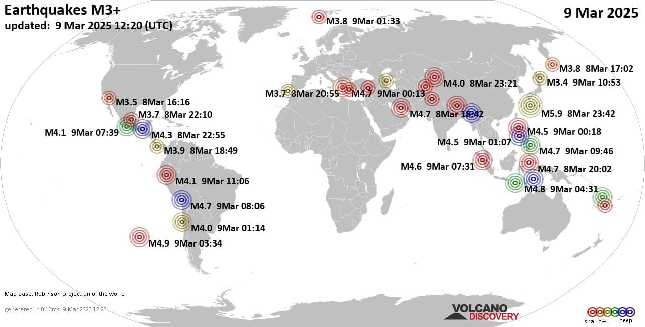 World Earthquake Report for Sunday,  9 March 2025