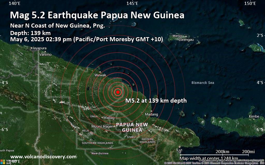Moderate yet deep 5.2 quake hits near Wewak, Wewak District, East Sepik Province, Papua New Guinea