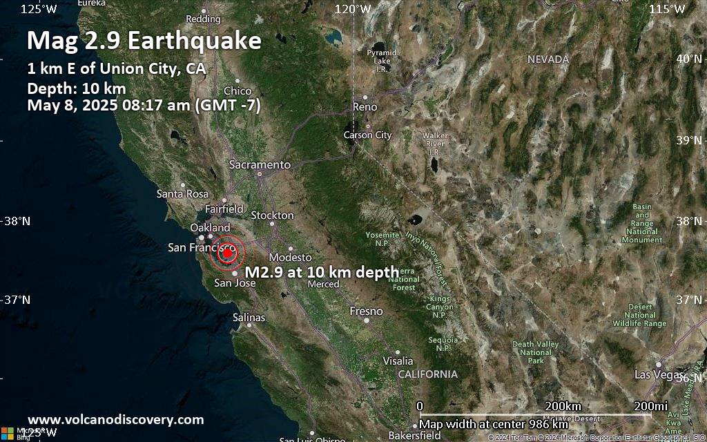 Small tremor of magnitude 2.9 just reported 1 miles east of Union City, California, United States