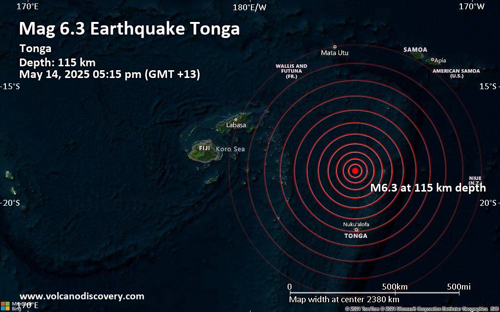 Significant magnitude 6.3 quake hits 135 km west of Neiafu, Tonga in the afternoon