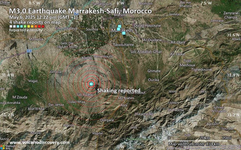 Seismic-like event, possible earthquake, reported few minutes ago near Mechouar-Kasba, Marrakesh-Safi, Morocco
