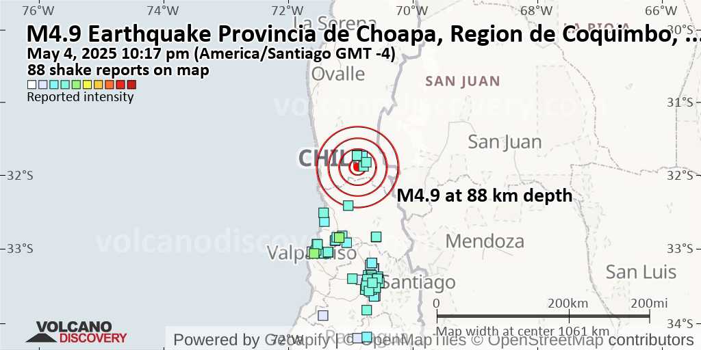 Moderate mag. 4.9 earthquake – 39 km southeast of Illapel, Provincia de Choapa, Region de Coquimbo, Chile, on Sunday, May 4, 2025, at 10:17 pm (Santiago time)