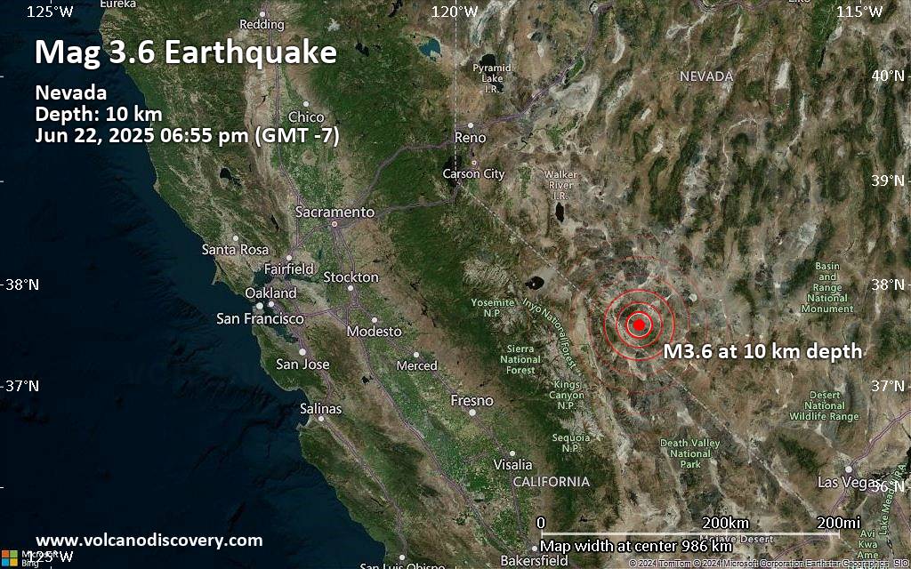 Magnitude 3.6 earthquake strikes near Tonopah, Nye County, Nevada, USA