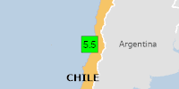 Green earthquake alert (Magnitude 5.5M, Depth:10km) in Chile 02/07/2025 01:39 UTC, 450 thousand in 100km.