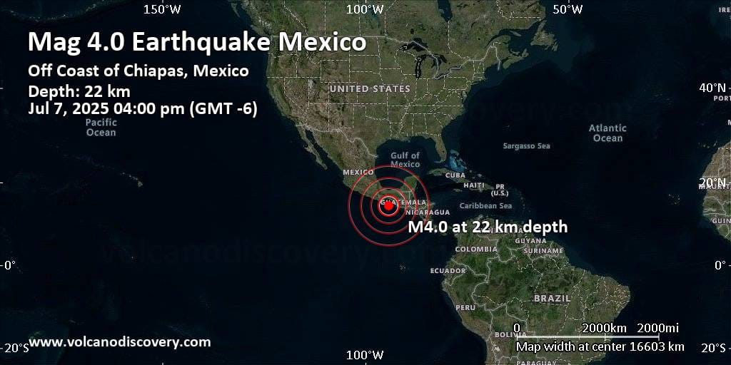 Moderate mag. 4.0 earthquake – 167 km southwest of Pijijiapan, Estado de Chiapas, Mexico, on Monday, Jul 7, 2025, at 04:00 pm (GMT -6)