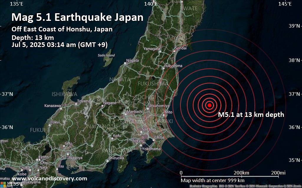 Significant earthquake of magnitude 5.1 just reported 123 km southeast of Iwaki, Japan