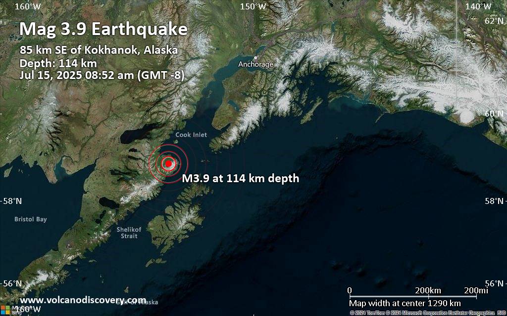 Small magnitude 3.9 quake hits 53 miles southeast of Kokhanok, Alaska, United States in the morning