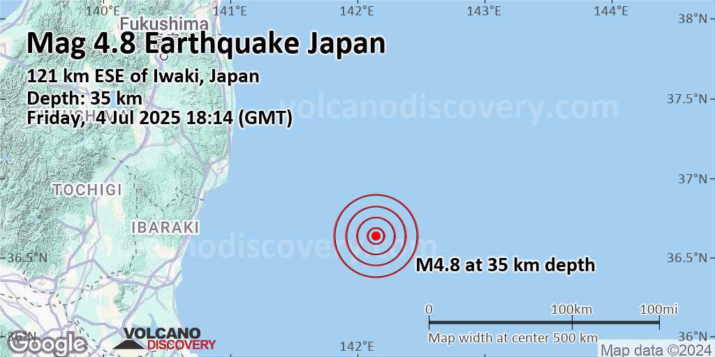 Strong mag. 5.2 earthquake – 115 km east of Iwaki, Fukushima, Japan, on Saturday, Jul 5, 2025, at 03:14 am (GMT +9)