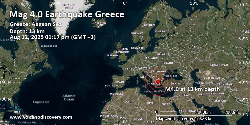 Moderate mag. 4.0 earthquake – Aegean Sea, 68 km southwest of Thassos Island, Greece, on Tuesday, Aug 12, 2025, at 01:17 pm (GMT +3)