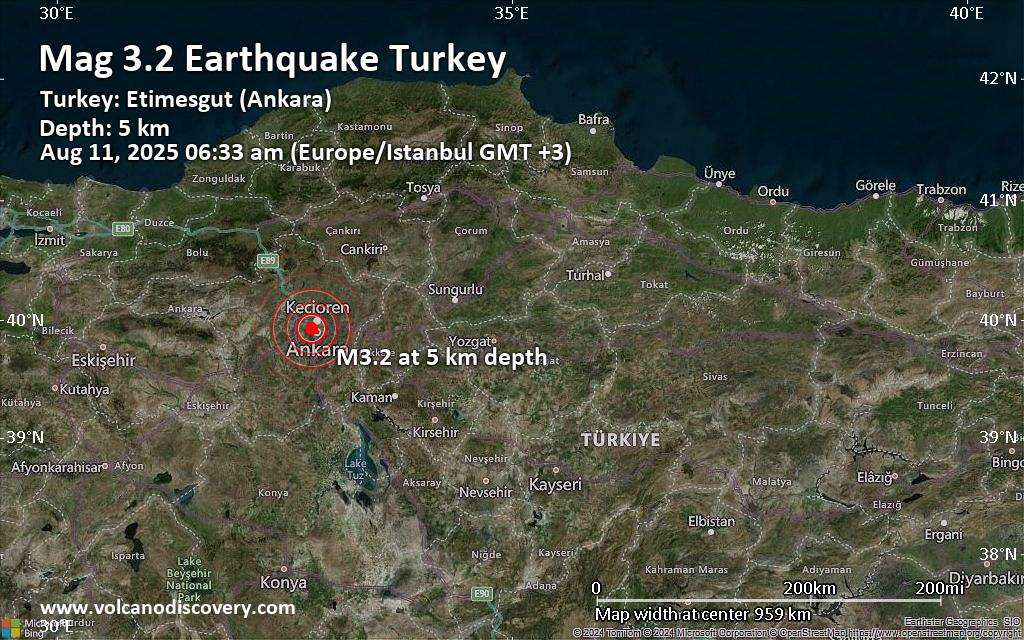 Small tremor of magnitude 3.2 reported 5 km west of Ankara, Turkey