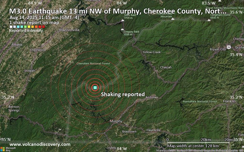 Seismic-like event, possible earthquake, reported few minutes ago near Murphy, North Carolina, USA