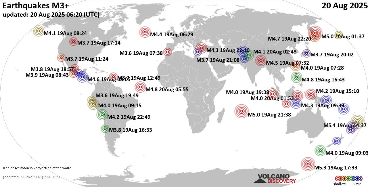 World Earthquake Report for Wednesday, 20 August 2025