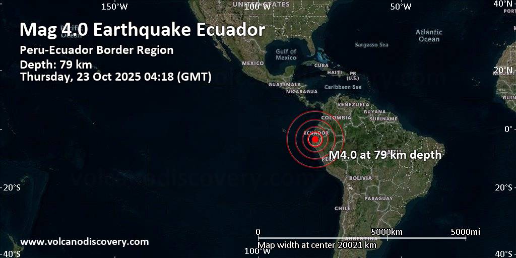 Moderate mag. 4.0 earthquake – 44 km south of Machala, Provincia de El Oro, Ecuador, on Wednesday, Oct 22, 2025, at 11:18 pm (GMT -5)
