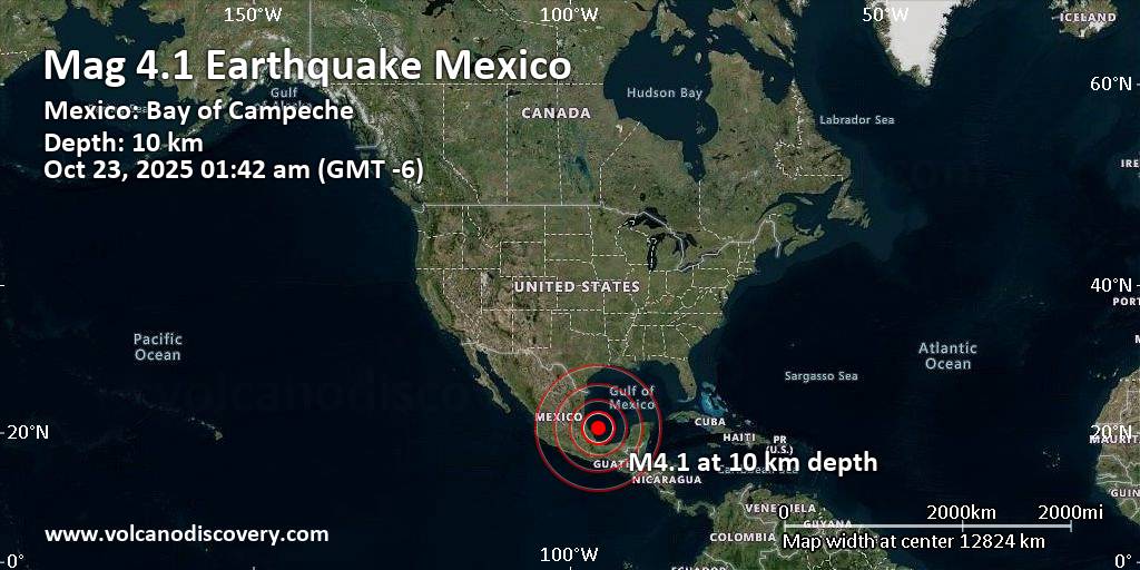 Moderate mag. 4.1 earthquake – 189 km northeast of Xalapa, Estado de Veracruz-Llave, Mexico, on Thursday, Oct 23, 2025, at 01:42 am (GMT -6)