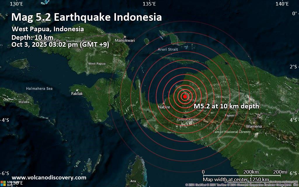 Magnitude 5.2 earthquake strikes near Nabire, Nabire Regency, Central Papua, Indonesia