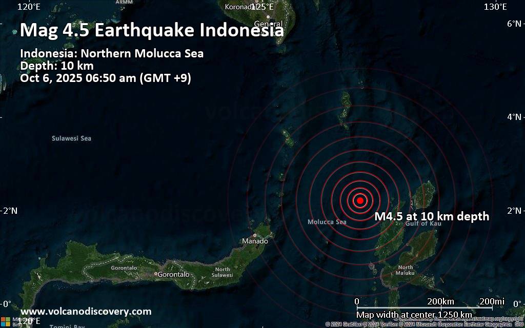 Moderate 4.5 quake hits near Galela, North Halmahera Regency, North Maluku, Indonesia