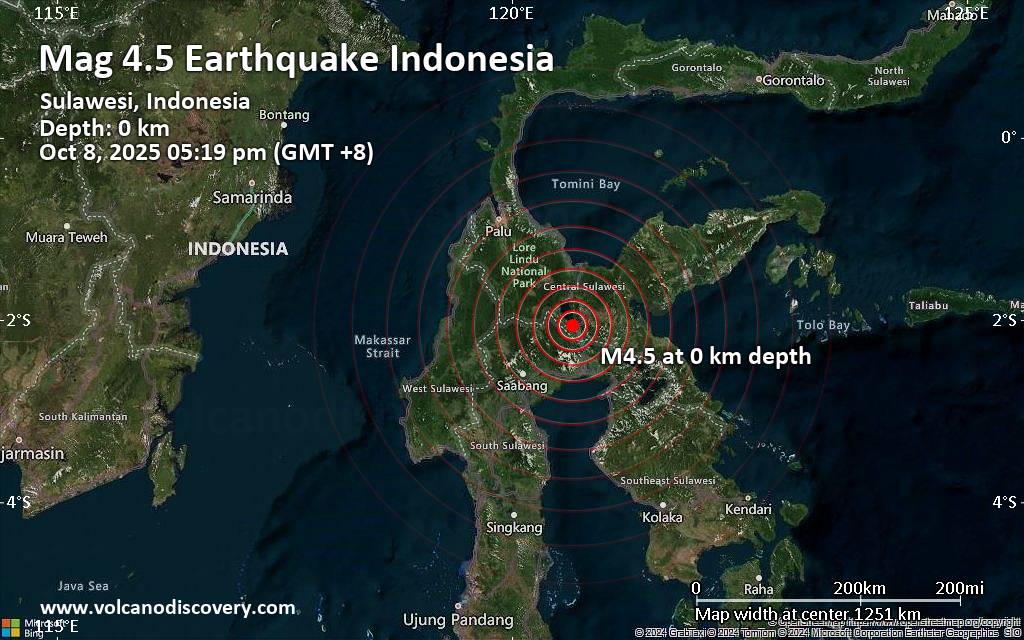 Magnitude 4.5 earthquake strikes near Poso, Kabupaten Poso, Sulawesi Tengah, Indonesia