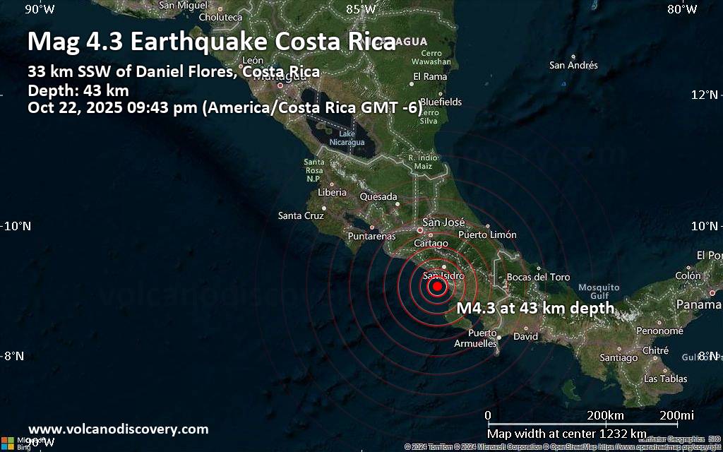 Moderate 4.3 quake hits near San Isidro, Pérez Zeledón, Provincia de San Jose, Costa Rica
