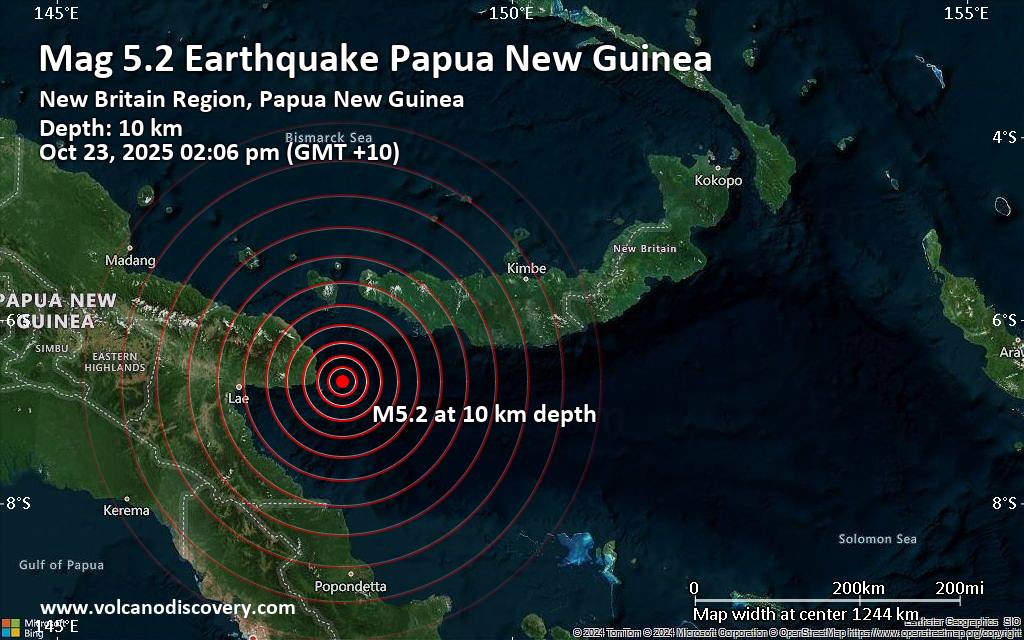Significant 5.2 quake hits near Lae, Morobe Province, Papua New Guinea