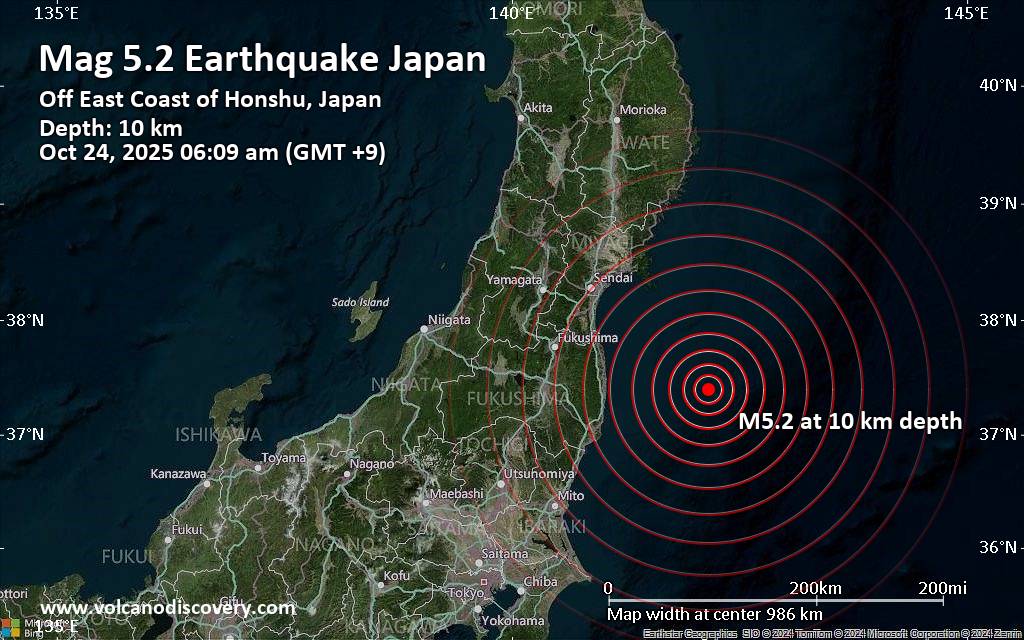 Significant magnitude 5.2 earthquake 107 km southeast of Minami-Soma, Japan