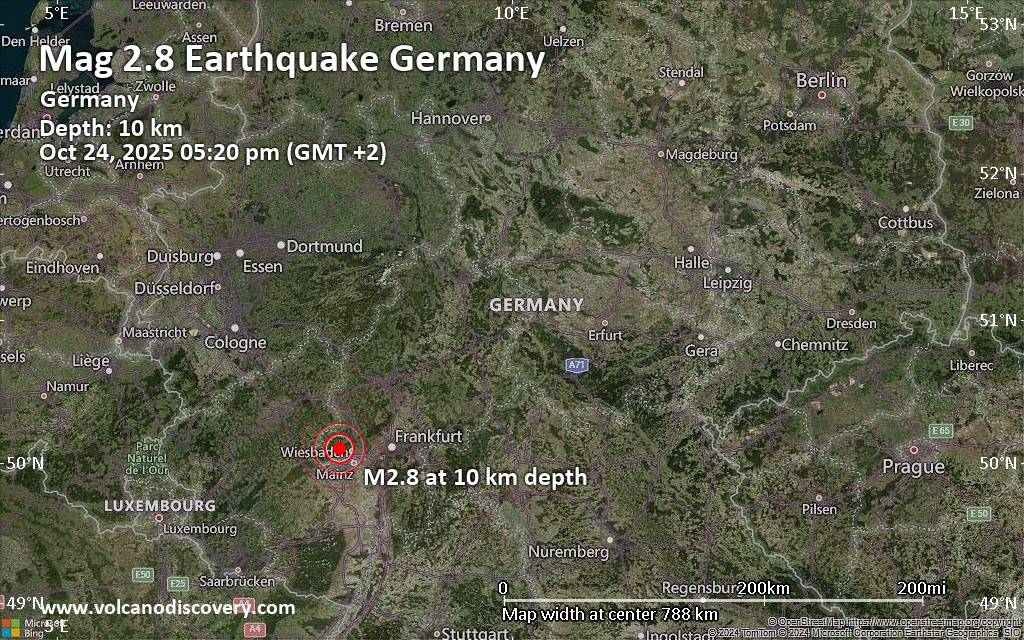 Small magnitude 2.8 earthquake 11 km west of Wiesbaden, Germany