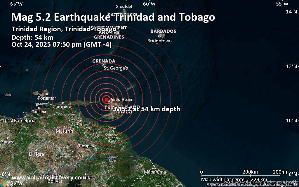 Significant 5.2 quake hits near Port of Spain, City of Port of Spain, Trinidad & Tobago