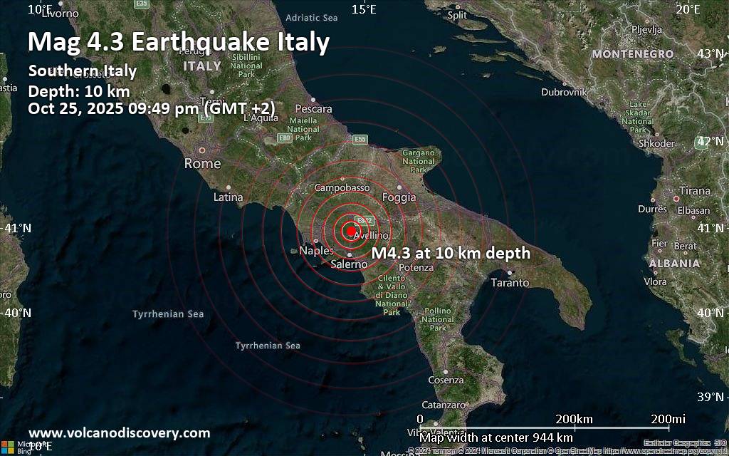 Moderate magnitude 4.3 earthquake 5 km north of Avellino, Italy