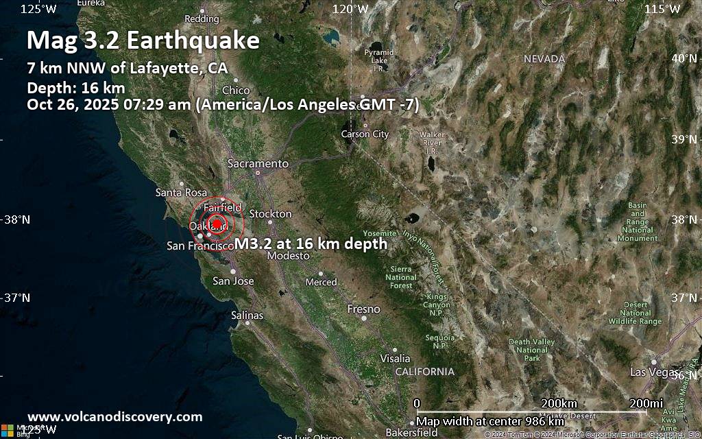 Small magnitude 3.2 quake hits 7 miles southwest of Concord, California, United States in the morning