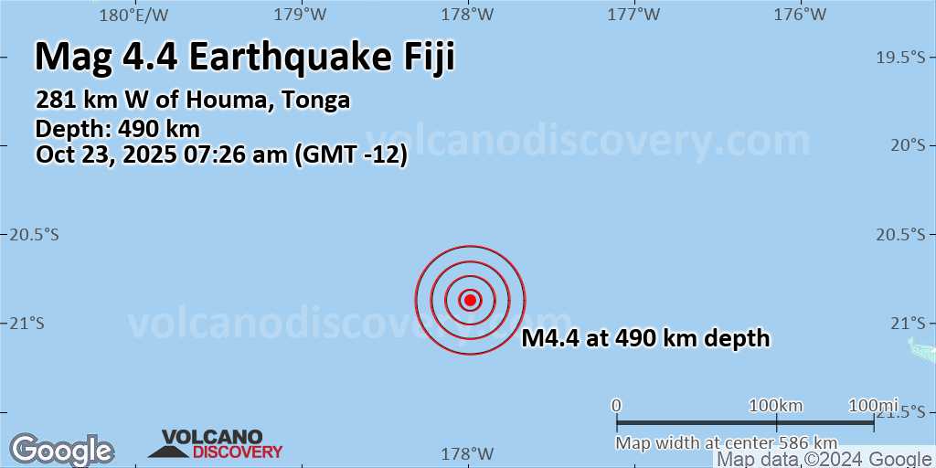 Moderate mag. 4.4 earthquake – 281 km W of Houma, Tonga, on Thursday, Oct 23, 2025, at 07:26 am (GMT -12)