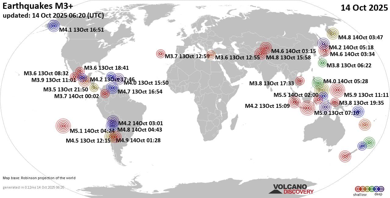 World Earthquake Report for Tuesday, 14 October 2025