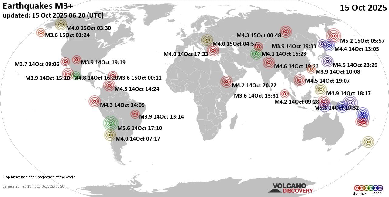 World Earthquake Report for Wednesday, 15 October 2025