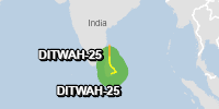 Orange notification for tropical cyclone DITWAH-25. Population affected by Category 1 (120 km/h) wind speeds or higher is 0  (24.053 million in Tropical Storm).