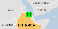 Green earthquake (Magnitude 5.5M, Depth:3km) in Ethiopia 23/11/2025 12:21 UTC, 490 thousand in 100km.